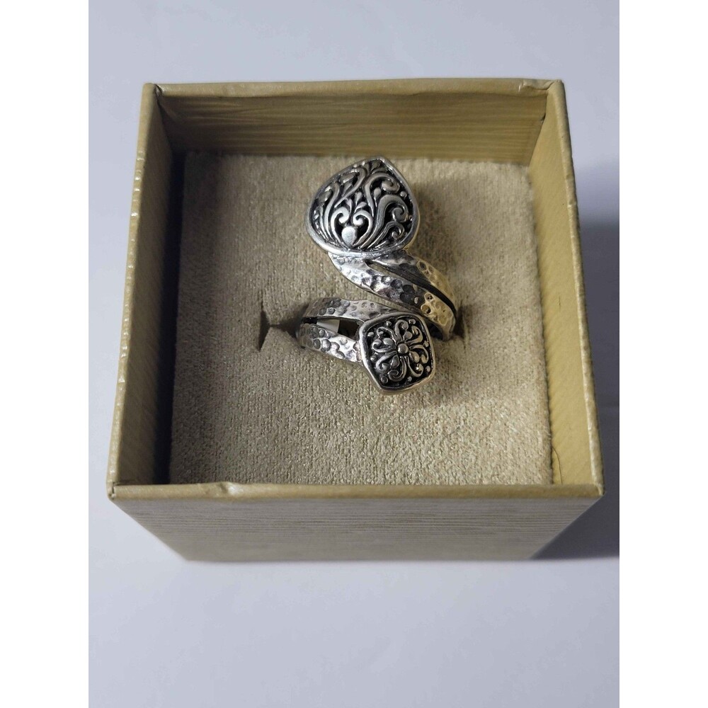 SARDA Designer 925 Sterling Silver Filigree & Hammered Bypass Ring - Size 7